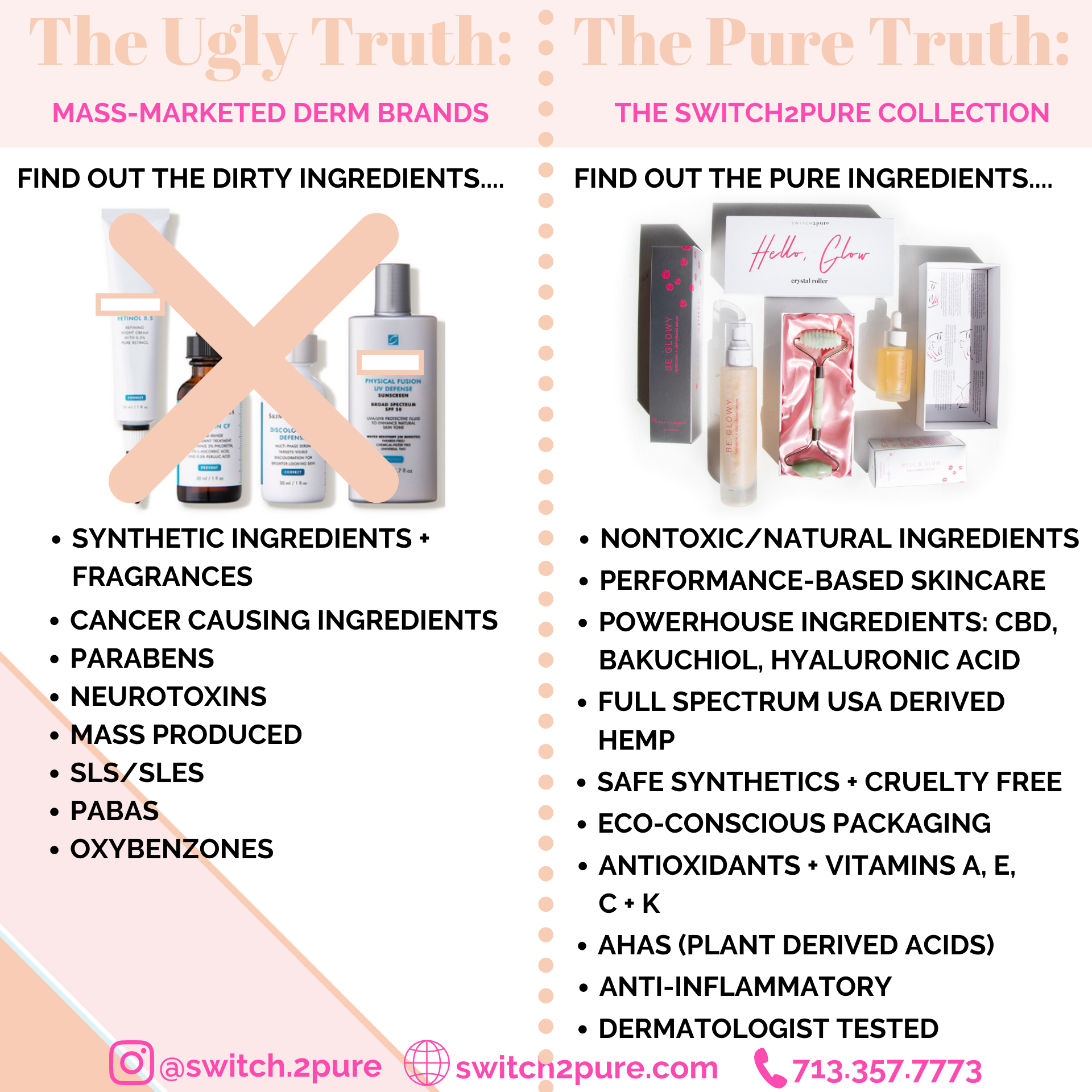 Switch2Pure The Ugly Truth: side by side list of harmful ingredients found in skincare next to list of safe, non-toxic clean ingredients and products. All clean, non-toxic products can be found at Switch2Pure