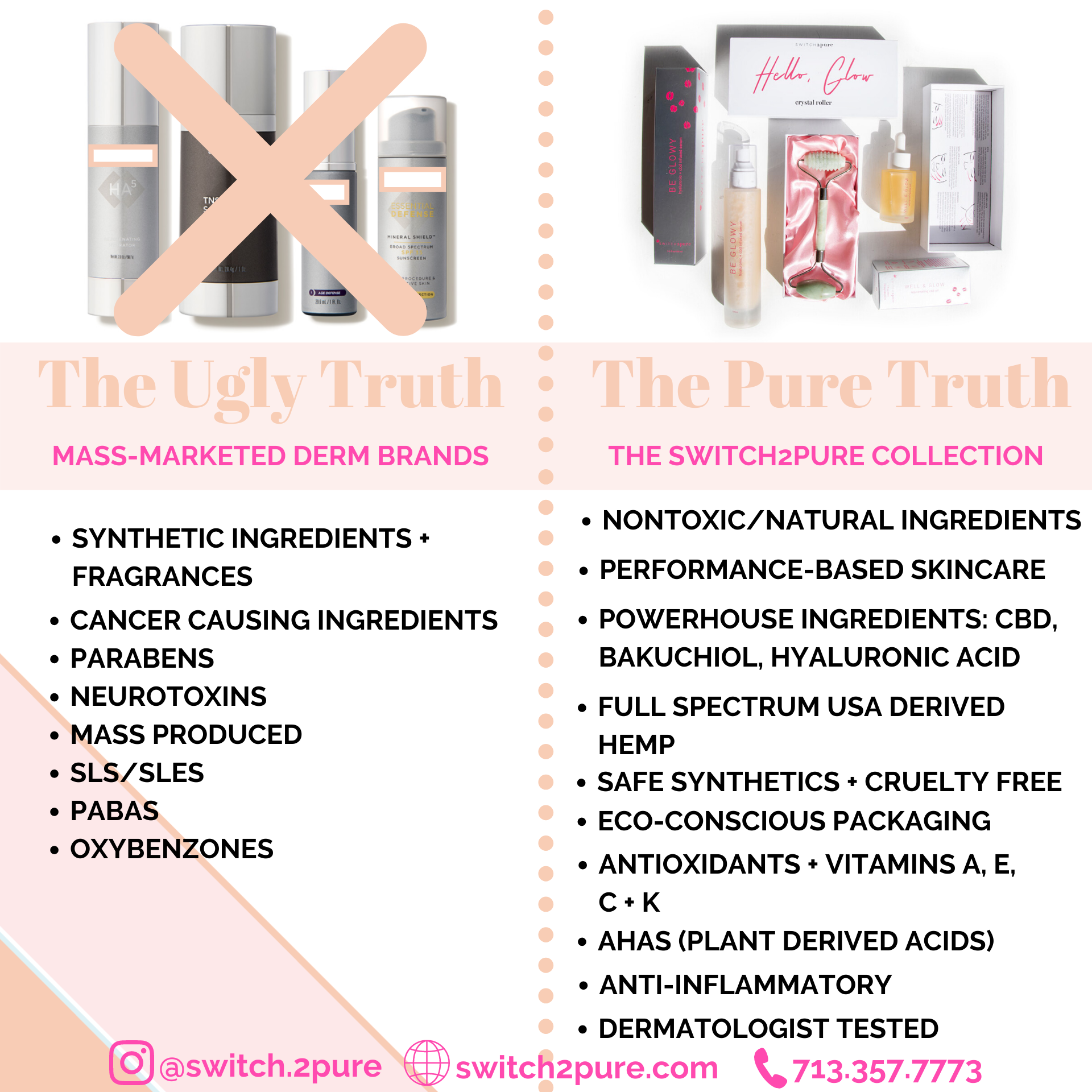 Switch2Pure comparison on Dermatologist Brands and Switch2Pure: Toxic, harmful ingredients found in derm products VS Clean, non-toxic ingredients found in Switch2Pure products