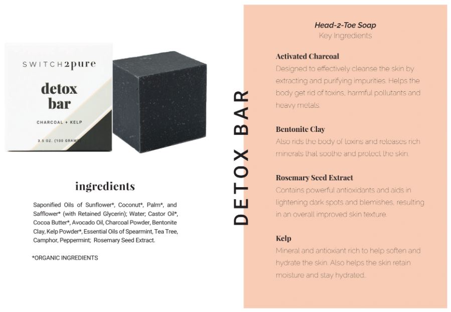 Switch2Pure Detox Bar-Charcoal and Kelp-bar next to packaging box and ingredient list