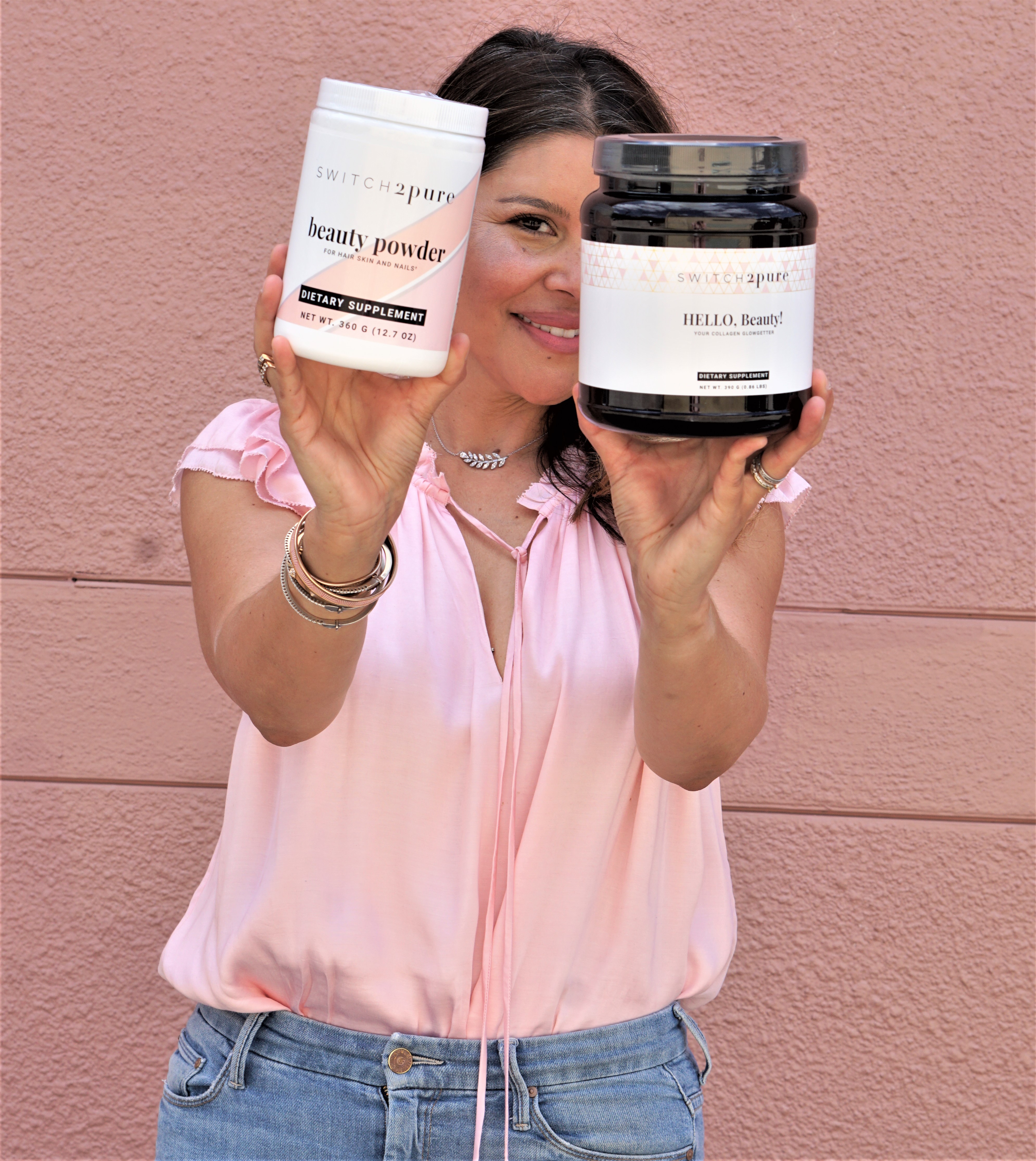 Switch2pure founder Estela Cockrell with switch2pure nutraceuticals Hello, Beauty collagen and beauty powder