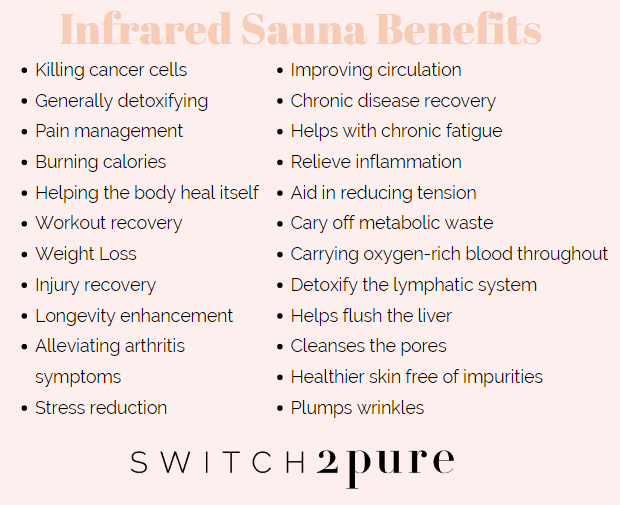 Infrared Sauna Benefits listed by Switch 2 Pure: some included workout recovery, burn calories, relieve inflammation, improve circulation, stress reduction and much more