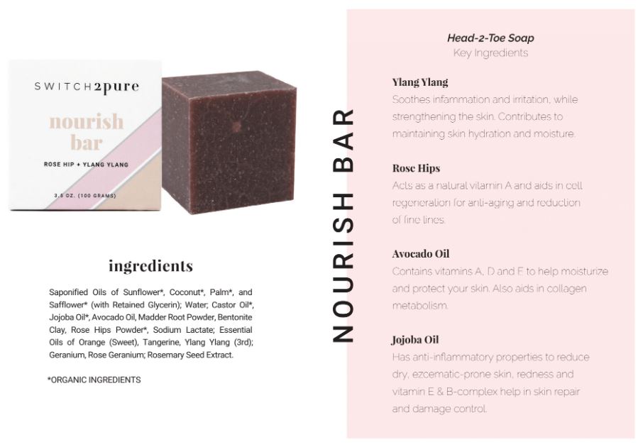 Switch2Pure Nourish Bar (rose hip + ylang ylang) Bar pictured next to box packaging and ingredient list
