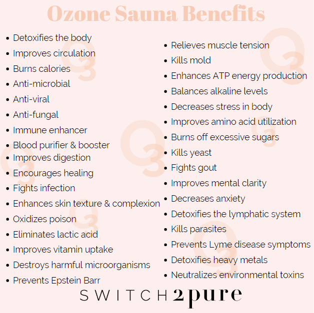 Ozone Sauna Benefits Listed by Switch 2 Pure: some included-detoxify, anti-viral, anti-fungal, immune booster, improve circulation, neutralize environmental toxins and much more