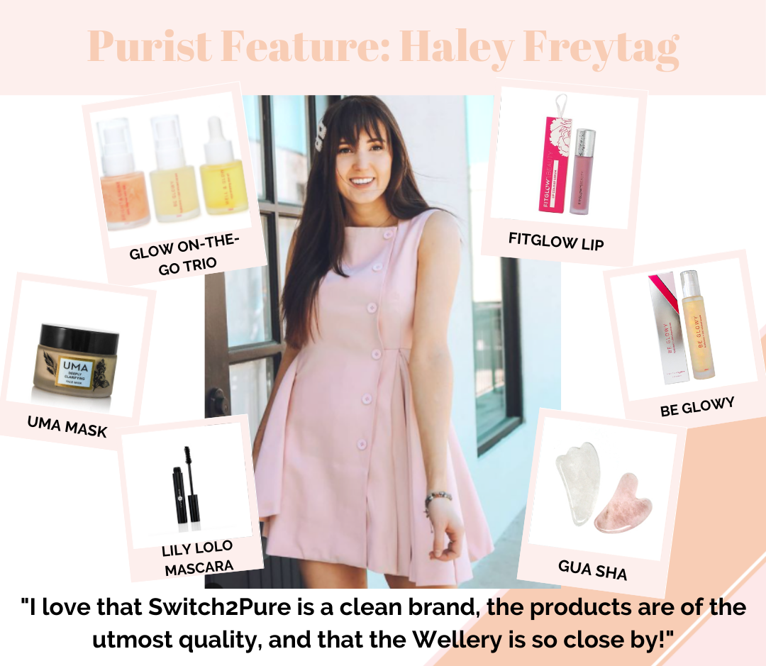 Houston Blogger Haley Freytag with her favorite products: On The Glow Trio, Be Glowy, Gua Sha, Lily Lolo Mascara, FitGlow LIp Gloss and Uma Mask