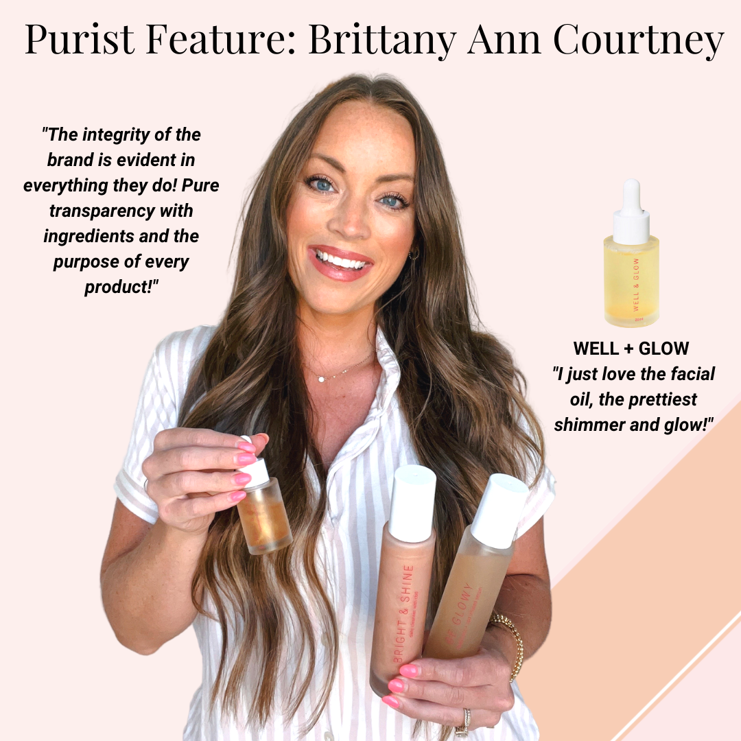 Brittany Ann Courtney with Switch2pure skincare. Bright and shine cleanser, Be glowy hyaluronic spray serum, and Well and glow retinol alternative facial oil