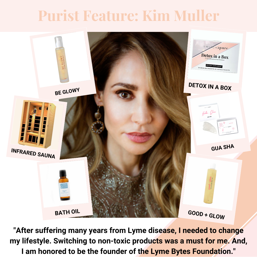 Switch2Pure Purist Kim Muller pictured with favorite products: Good and Glow Body Oil, Be Glowy, Detox in a Box, Gua Sha, Infrared Sauna and Source Vital Bath Oil