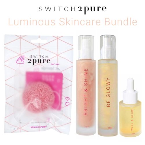Switch2Pure Luminous Skincare Bundle - Bright & Shine, Be Glowy, Well & Glow, Facial Konjac Sponge