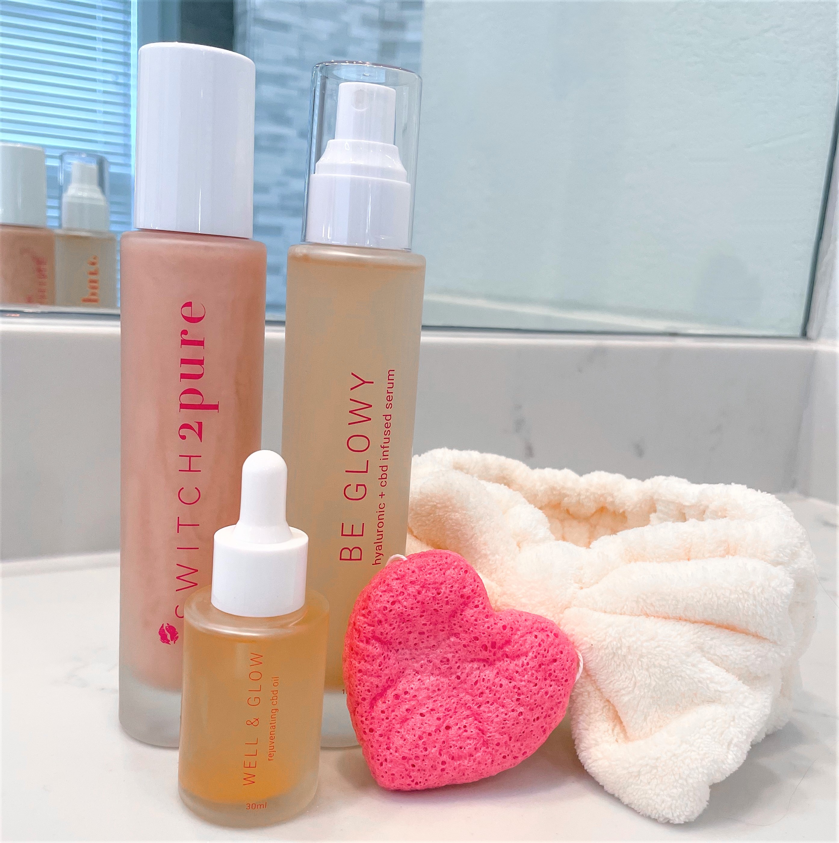 Switch2pure skincare. Bright and shine cleanser, Be Glowy hyaluronic spray serum, and Well & Glow retinol alternative facial oil